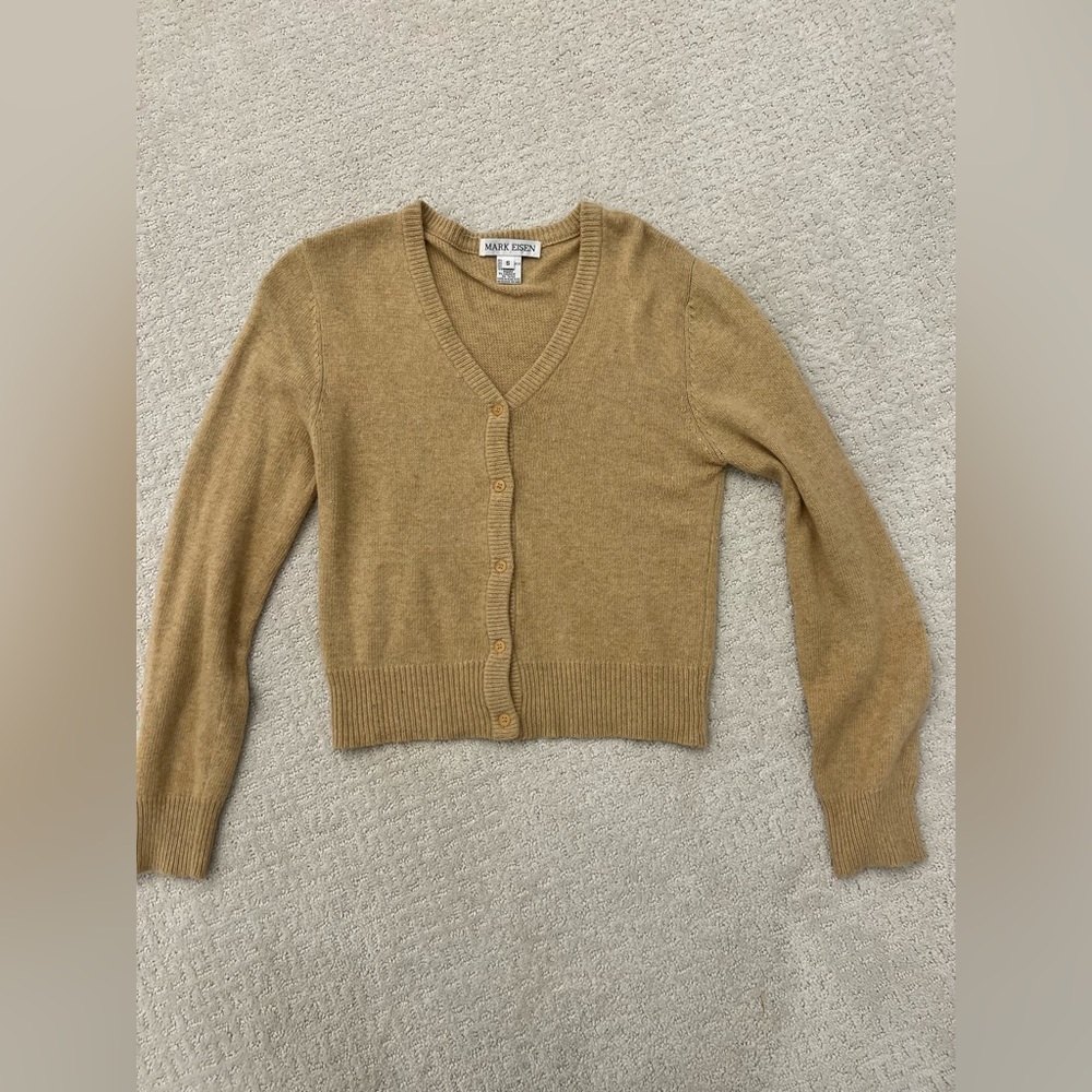 Mark Eisen Tan Cropped Long Sleeve Cashmere Cardigan Top